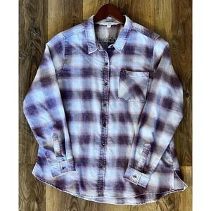 Vanilla Star Plaid Cotton Maroon Distressed‎ Long Sleeve Shirt Women XL